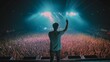 © SayLi - a guy giving music concert performance in a huge crowded stadium arena hall on a stage. Epic lights and smartphone flashlights. Singer stretching his right hand up. Generative AI
