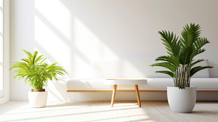 Wall Mural - Wooden tabletop or countertop in modern and luxury white living room with white wall, desk, sofa and houseplant with sunlight at home, Generative AI