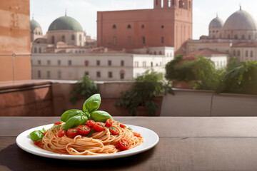 Spaghetti with tomatoes, tomato paste and basil in a white plate in a street restaurant on a wooden table against the background of the old city of Europe on a sunny day. Copy space. Generative AI.