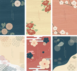 Japanese template vector. Floral decoration background. Cherry blossom flower with wooden texture in Chinese style. Natural luxury texture. Geometric and abstract pattern.
