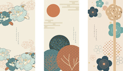 Japanese background with Asian traditional icon vector. Cherry blossom and peony flower, wave pattern, bamboo and ribbon elements. Geometric pattern in vintage style.