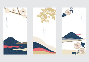 Fuji mountain with camellia flower in Japanese style. Landscape background with wave pattern Fuji mountain element illustration with banner design in vintage style.