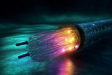 Poster - Glowing underwater fiber optic internet cable. AI generated, human enhanced