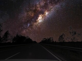 Wall Mural - Asphalt road surrounded by trees at night with a galaxy seen in the sky