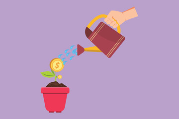 Wall Mural - Graphic flat design drawing hand holding watering can watering money plant at ground. Hand of businessman who pours money tree. Concept of earnings, success, money. Cartoon style vector illustration