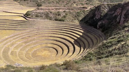 Sticker - Drone view over cascade archaeological site at Inca terraces Moray, Sacred Valley in Peru