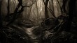 a dark and eerie forest, with twisted trees and gnarled roots, nightmare, horror. generative AI