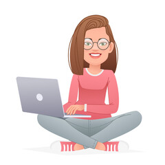 Wall Mural - Beautiful happy girl in glasses sits cross-legged with a laptop on her lap. White slender woman sits in a lotus position on the floor and works at a personal computer.