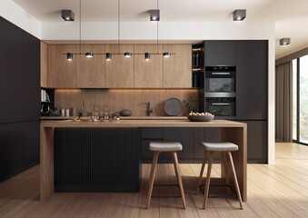 Sticker - 3d rendered illustration of a modern spacious kitchen with a free-standing kitchen island