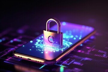 Padlock hologram on smartphone screen protecting business and financial data with innovation technology, Cyber ​​security and data protection concept, Generative AI