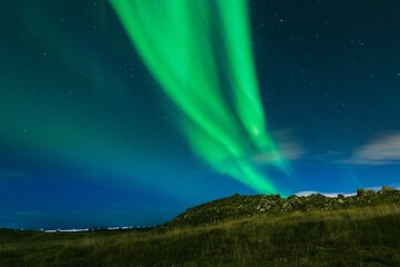 landscape of a field with northern lights in the background at night