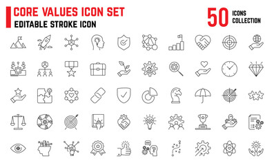 core value editable stroke icon, icon includes, honesty, stakeholders, integrity, target purpose, st