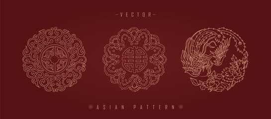 Poster - Vector illustration set of three traditional Chinese decorative patterns with floral elements