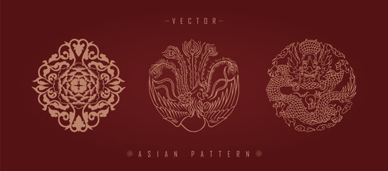 Vector illustration set of three traditional Chinese decorative patterns with floral elements