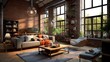 © CloudImaginationLabs - Loft Industrial Style Living Room Interior Rendered with Generative AI