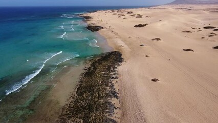 Wall Mural - Flying over Dunas de Corralejo beach in Fuerteventura, canary island 4k