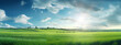 Sunny landscape with green field and clear blue sky. Beautiful panoramic natural landscape. Generative AI.
