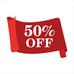 Sticker - Digital render of a red 50 percent off banner isolated on a white background