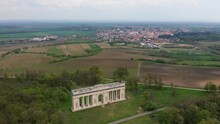 Drone view over the Kolonada Reistna surrounded by agricultural fields