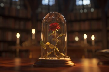 Wall Mural - Red rose in a glass dome on the background of books and candles. Generative AI