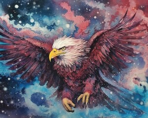 Poster - art eagle in space . dreamlike background with eagle . Hand Drawn Style illustration