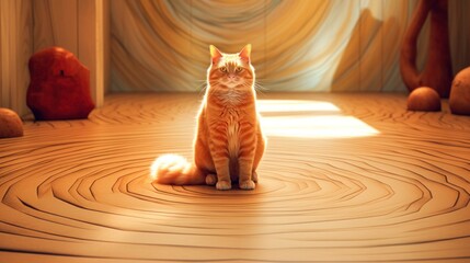 Cute orange cat sitting on wooden floor. Generative AI.