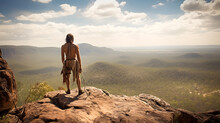 Australian Aboriginal On A Mountain, Overlooking Expansive Bushland. An Image Underscoring The Vital Bond Between Indigenous People And Nature.. Generative AI