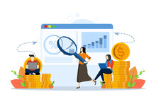 Business Investment Concept, Showing People Saving Money To Invest In Better Future, Financial Management, Allocating Money For Investment. Analyze Business Chart Data. Vector Illustration.