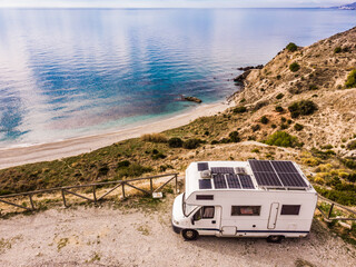 Canvas Print - Rv camper on spanish coast. Aerial view