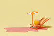© Marc Tran/Stocksy - Beach umbrella with chairs on paper beach. summer vacation concept