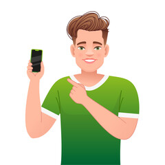 Wall Mural - Smiling guy points to the phone in his hand. A happy confident white man advertises an app on a smartphone.