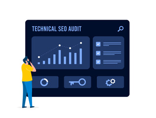 Poster - technical seo audit concept. improve website speed, seo rankings, user experience. optimize on-page 