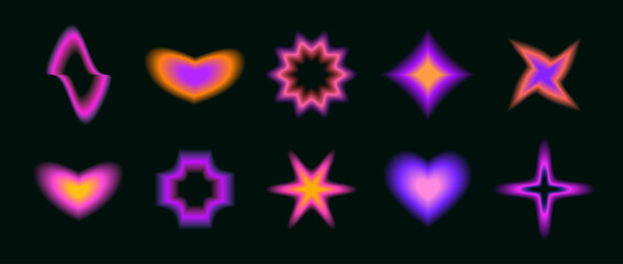 smooth blurred gradient flowers, stars and hearts set. y2k blurry aura shapes collection. colorful n
