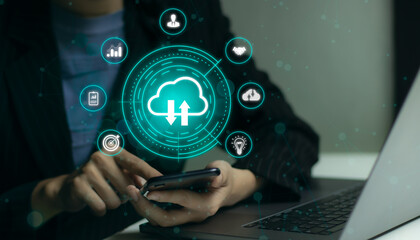 Fototapete - Businesswoman using smartphone connecting and download big data from cloud server. Technology cloud computing.