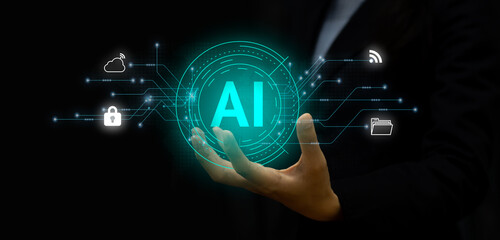 Fototapete - Businessperson holding circle virtual ai machine learning. Ai technology, assistant online