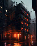 Fototapeta Na drzwi - Cinematic dystopian budling, cold tones with orange lighting, moody cinematic, generative art.