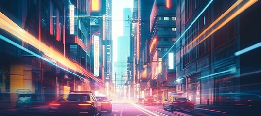 Futuristic city building street background. Fast speed neon light blurred effect. Generative AI