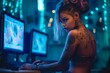 voluptuous fit woman hacker with a cyberpunk vibe sitting in front of her computer. generative AI