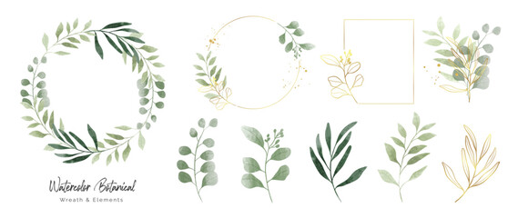Wall Mural - Luxury botanical gold wedding frame elements collection. Set of square, circle, glitters, leaf branches, eucalyptus. Elegant foliage design for wedding, card, invitation, greeting.