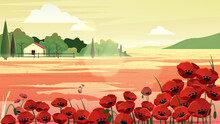 Illustration Of Poppy Field At Sunset Light In Summer Countryside