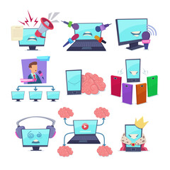 Poster - Comic computers spreading information vector illustrations set. Collection of drawings of phone, monitor characters with influence on audience. Social media, internet propaganda, technology concept