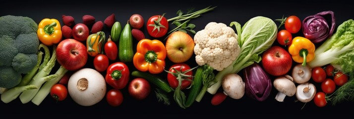  Assortment of fresh vegetables. Food background with assortment of fresh organic vegetables. Fresh vegetables. wide banner. Generative AI