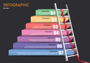 Wall Mural - Vector infographic 7 white steps ladder with red ribbon lines showing ascending sequence over gray and black background for finance, education, administration or planning presentation.