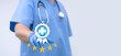 Concept of rating of medical services on the Internet concept.Button healthcare key rating on virtual panel.Customer experience medicine service. Patient and satisfaction. Healthcare review.