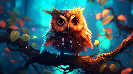 Wall Mural - an owl sitting on top of a tree branch. Generative AI	