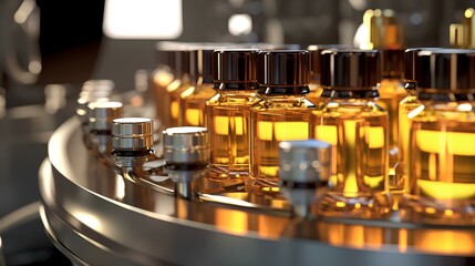 an automated production line manufacturing glossy luxury cosmetic packaging filled with amber liquid in a spotlessly clean and modern factory. generative AI