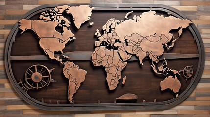 World map wooden background. Generative AI.