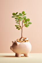 Plant Grow From A Piggy Bank Shape Flower Pot Filled With Coins. Conceptual Investment Still Life. Generated By AI Technology.