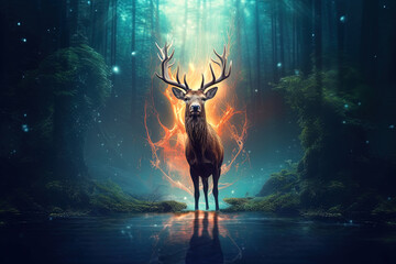 A magical fairy tale forest with deer. A mythical realm is like something out of a storybook