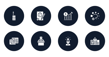 Poster - general filled icons set. flat filled icons sheet included laser measurement, quiz, stock prices, loading, news feed, referendum, team leader, user data vector.